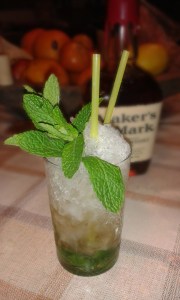 A mint julep in glass serving. 